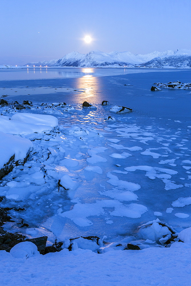 Reflections of full moon in the frozen sea, Lyngedal, Lofoten Islands, Arctic, Norway, Scandinavia, Europe