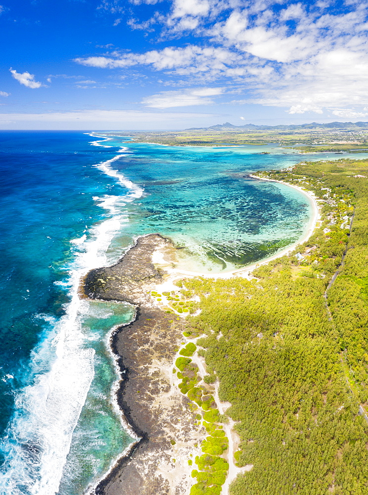 Aerial panoramic of tropical Public Beach washed by the ocean waves, Poste Lafayette, East coast, Mauritius, Indian Ocean, Africa