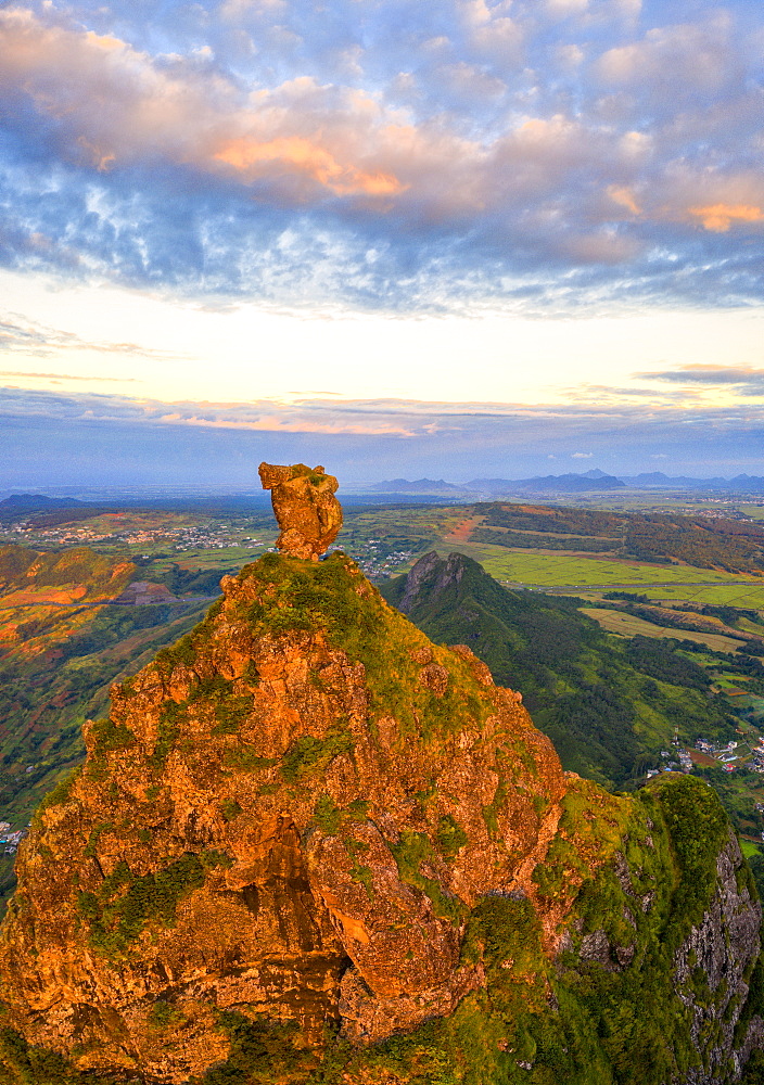 Le Pouce mountain and Pieter Both at sunset, aerial view, Moka Range, Port Louis, Mauritius, Africa