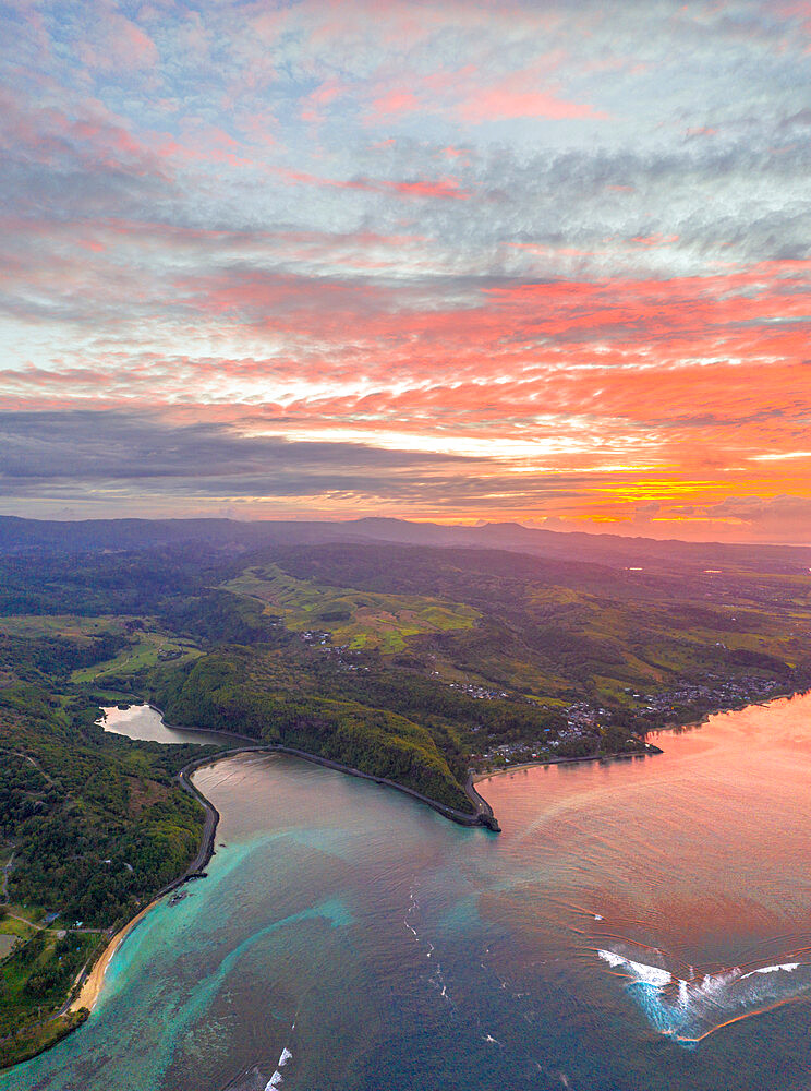 Sunrise over the ocean along south coast, aerial view by drone, Baie Du Cap, Mauritius, Indian Ocean, Africa