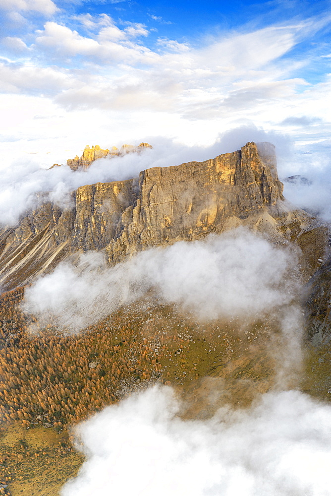 Aerial panoramic by drone of Lastoi De Formin and Cima Ambrizzola at sunset in autumn, Giau Pass, Dolomites, Veneto, Italy, Europe