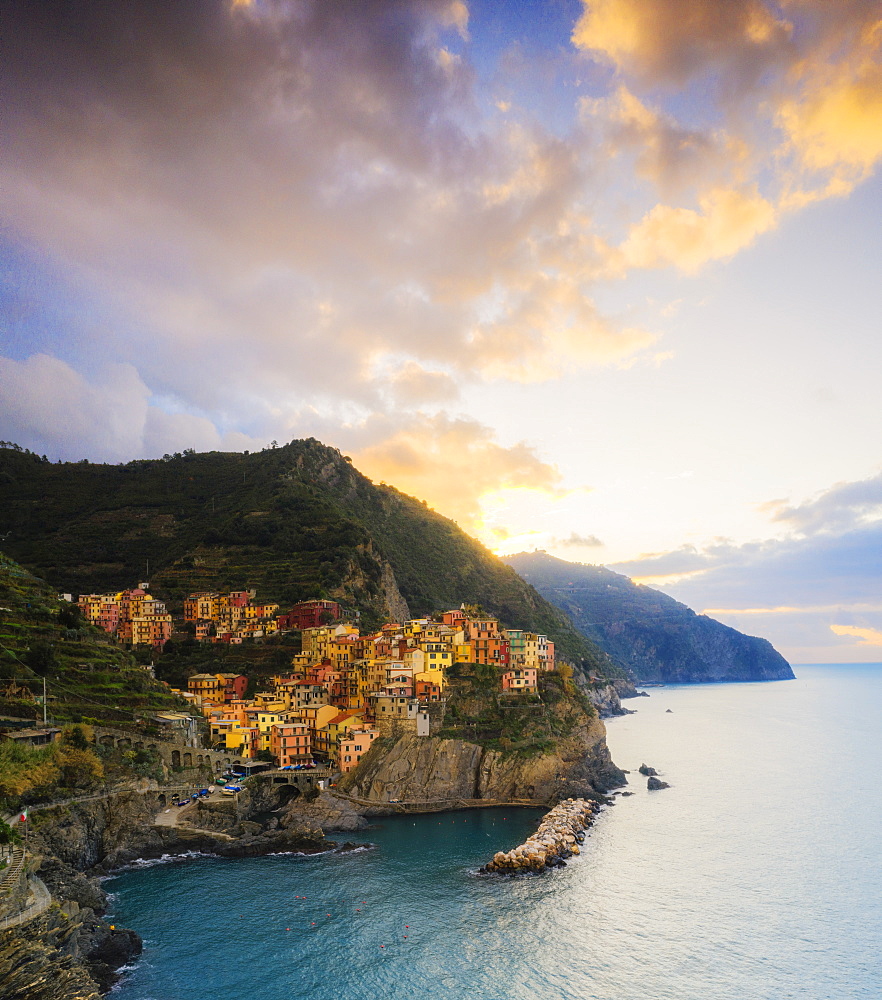 Aerial panoramic of Manarola at sunrise, Cinque Terre, UNESCO World Heritage Site, La Spezia province, Liguria, Italy, Europe