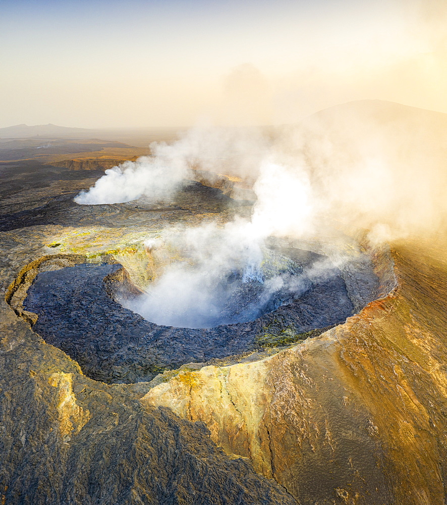 Panoramic aerial view of the active Erta Ale volcano caldera, Danakil Depression, Afar Region, Ethiopia, Africa