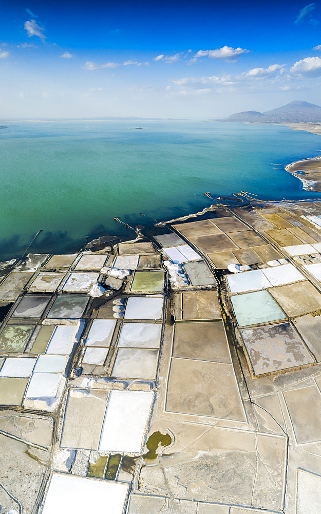 Aerial panoramic of Lake Afrera (Lake Afdera) and salt flats, Danakil Depression, Afar Region, Ethiopia, Africa