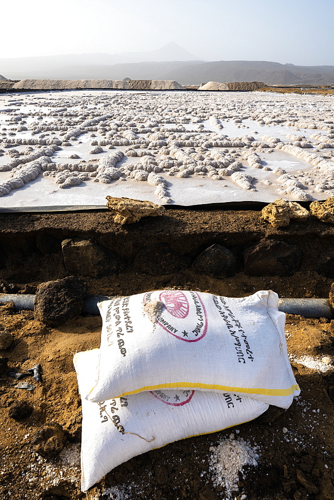 Salt bags and salt mine, Lake Afrera (Lake Afdera), Danakil Depression, Afar Region, Ethiopia, Africa