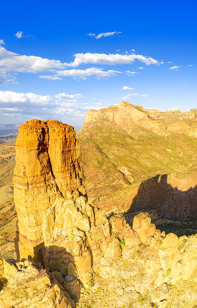 Aerial panoramic by drone of tall rock towers of Gheralta Mountains, Hawzen, Tigray Region, Ethiopia, Africa