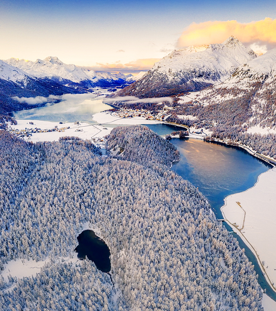 Aerial view of snowy woods around Lej Nair, Piz Polaschin, Piz La Margna, Silvaplana and Lej DaChampfer, Engadine, canton of Graubunden, Switzerland, Europe