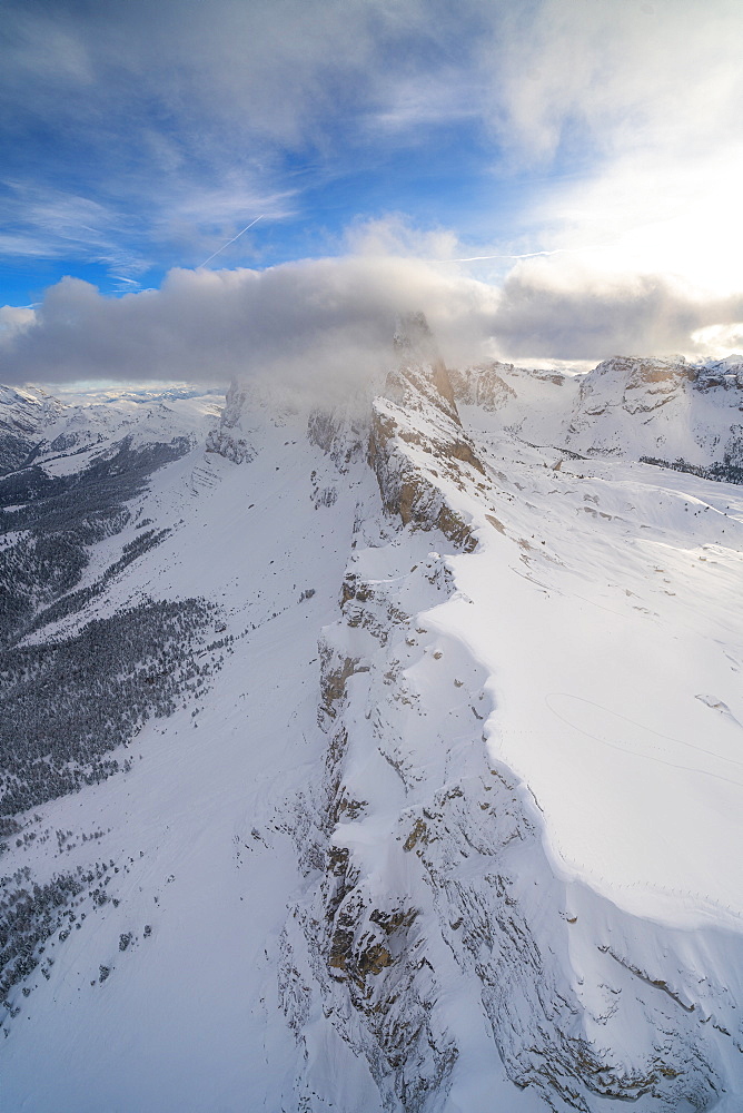 Seceda and Odle mountain range in winter, aerial view, Val Gardena, Dolomites, Trentino-Alto Adige, Italy, Europe