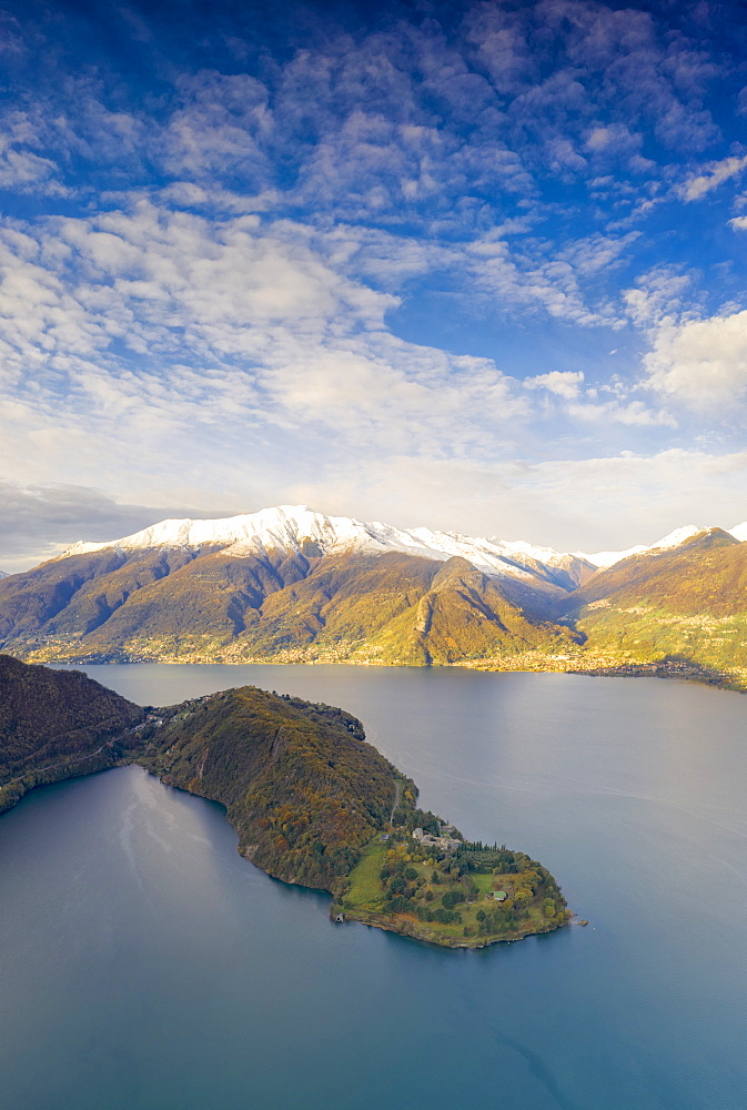 Aerial panoramic of Piona Abbey (Abbazia Priorato di Piona) and mountains, Lake Como, Colico, Lecco province, Lombardy, Italian Lakes, Italy, Europe