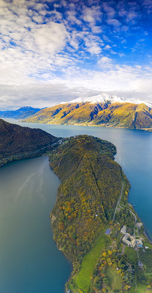 Aerial by drone of Piona Abbey (Abbazia Priorato di Piona) seen from above, Lake Como, Colico, Lecco province, Lombardy, Italian Lakes, Italy, Europe