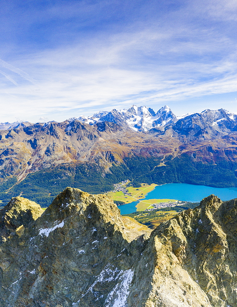 Aerial by drone of Lake Silvaplana and Bernina mountain range in summer, Engadine, canton of Graubunden, Switzerland, Europe