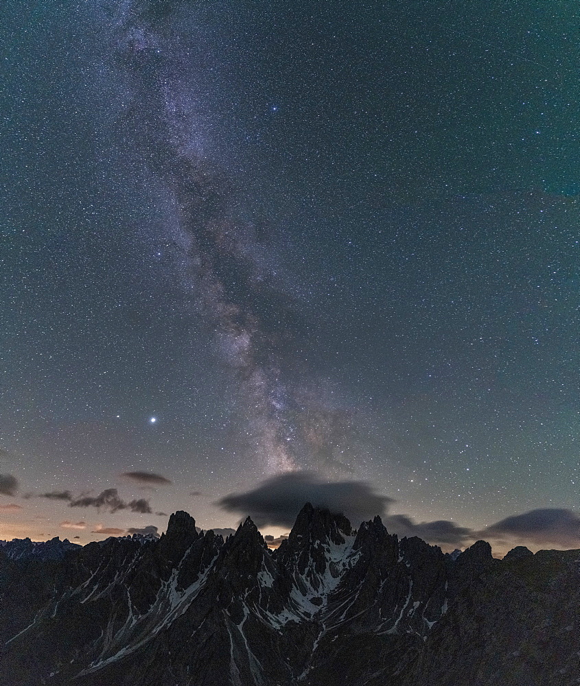 Milky Way over Cadini di Misurina mountain group, Dolomites, Belluno province, Veneto, Italy, Europe