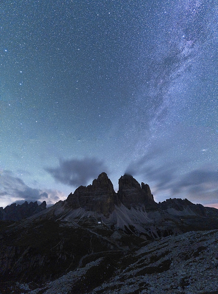 Milky Way over Tre Cime di Lavaredo in summer, Sesto Dolomites, South Tyrol, Italy, Europe