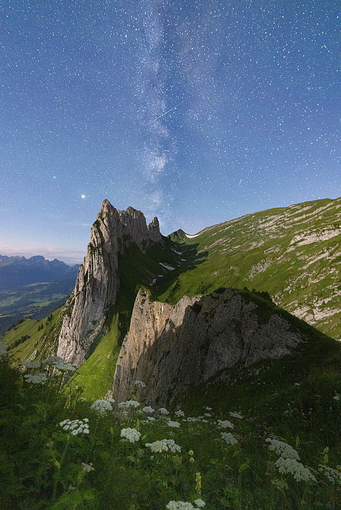 Milky way over Saxer Lucke mountain peak in summer, Appenzell Canton, Alpstein Range, Switzerland, Europe