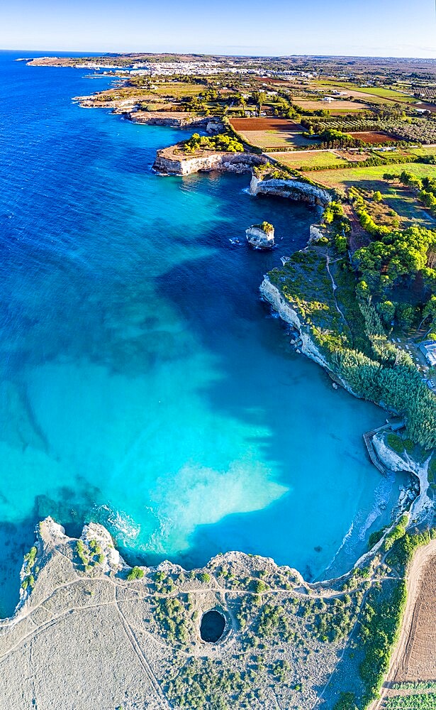 Aerial view of the open grotto known as Grotta Sfondata on cliffs along the coastline, Otranto, Lecce, Salento, Apulia, Italy, Europe