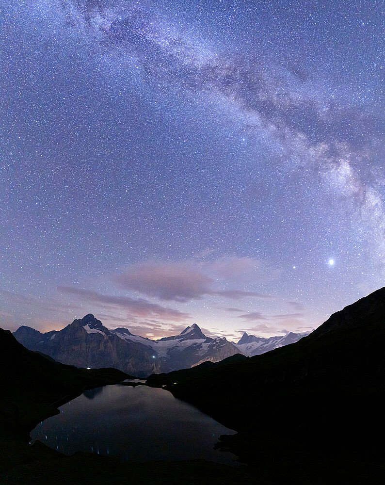 Milky Way over Bachalpsee lake on a summer night, Grindelwald, Jungfrau Region, Bernese Oberland, Canton of Bern, Switzerland, Europe