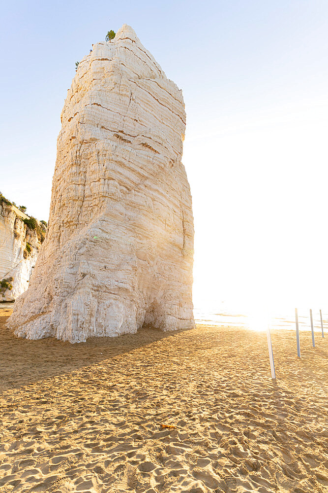 Towering white rock monolith Pizzomunno at sunrise, Vieste, Foggia province, Gargano National Park, Apulia, Italy, Europe