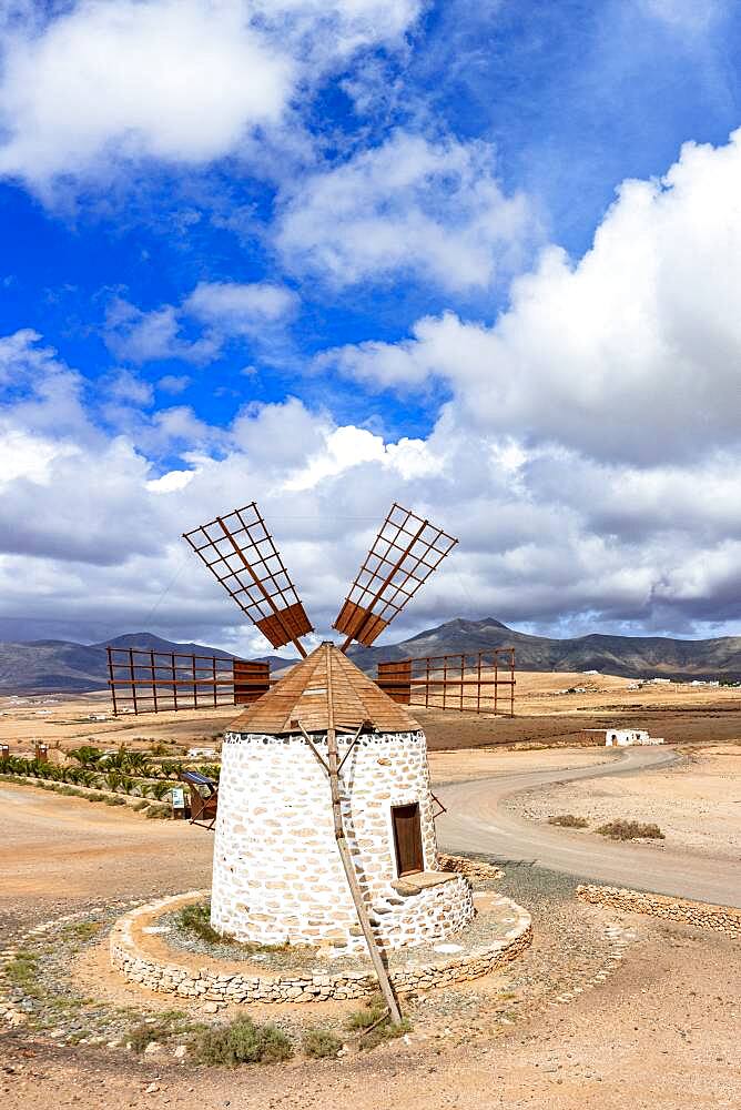 High angle view of traditional old windmill during a sunny day, Tefia, Fuerteventura, Canary Islands, Spain, Atlantic, Europe