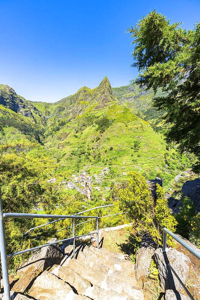 Steep steps on mountain path to the green alpine valley and village of Serra de Agua, Ribeira Brava, Madeira, Portugal, Atlantic, Europe