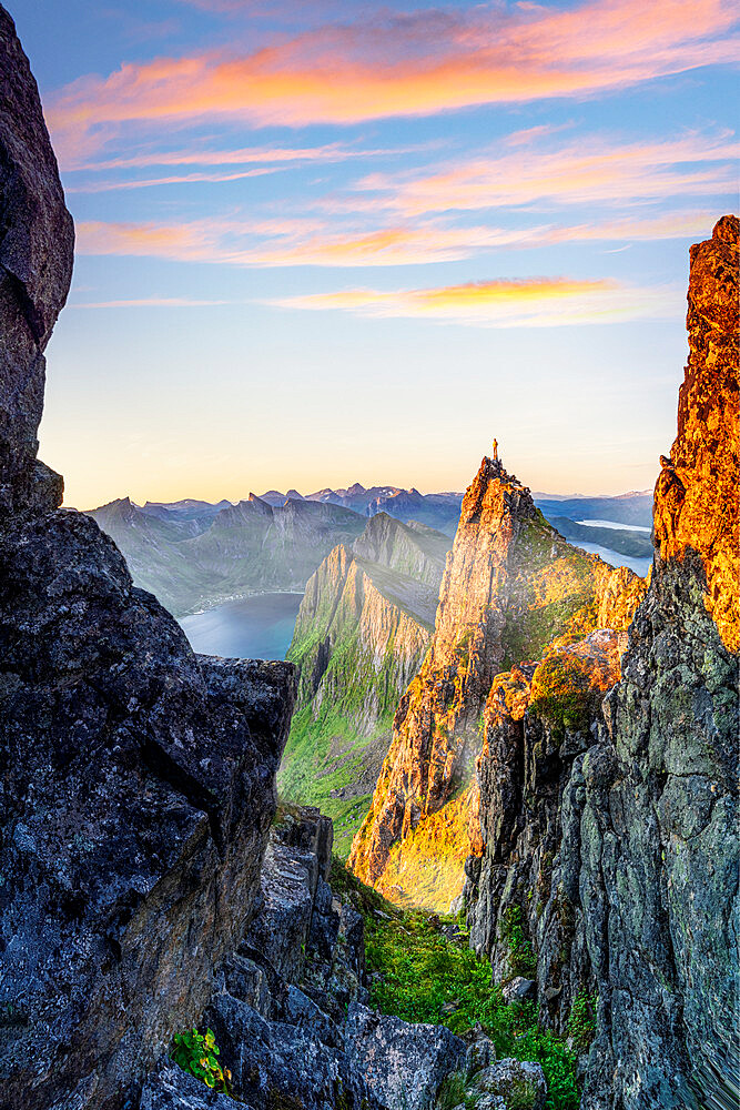 Hiker man admiring sunrise standing on top of Husfjellet mountain, Senja, Troms county, Norway, Scandinavia, Europe