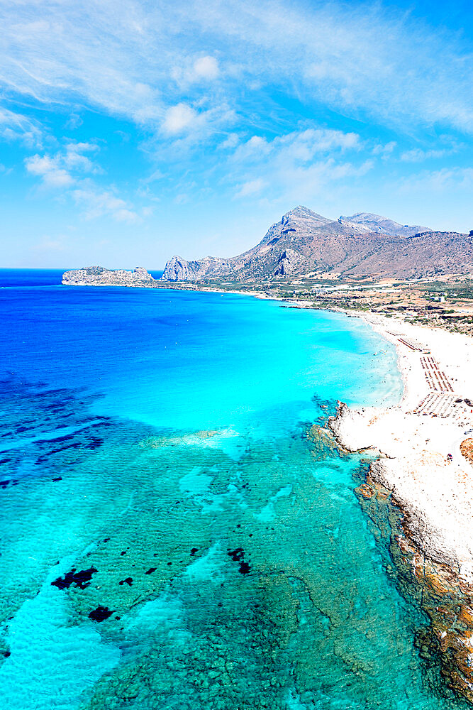 Aerial view of the idyllic sandy beach of Falasarna facing the crystal blue sea, island of Crete, Greek Islands, Greece, Europe