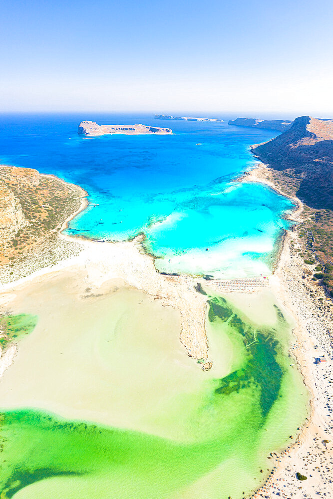 Aerial view of idyllic emerald green water of Balos lagoon and crystal sea, Crete island, Greek Islands, Greece, Europe