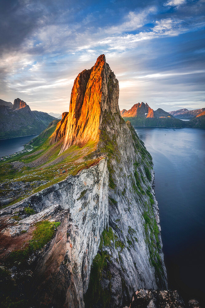 Majestic Mount Segla and fjords under a cloudy sky at sunrise, Senja island,Troms county, Norway, Scandinavia, Europe