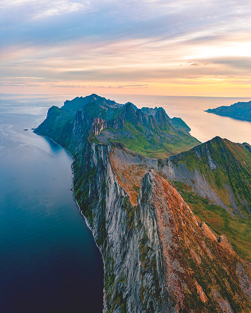 Panoramic of Segla, Hesten and Inste Kongen mountains at sunrise, Senja island, Troms county, Norway, Scandinavia, Europe