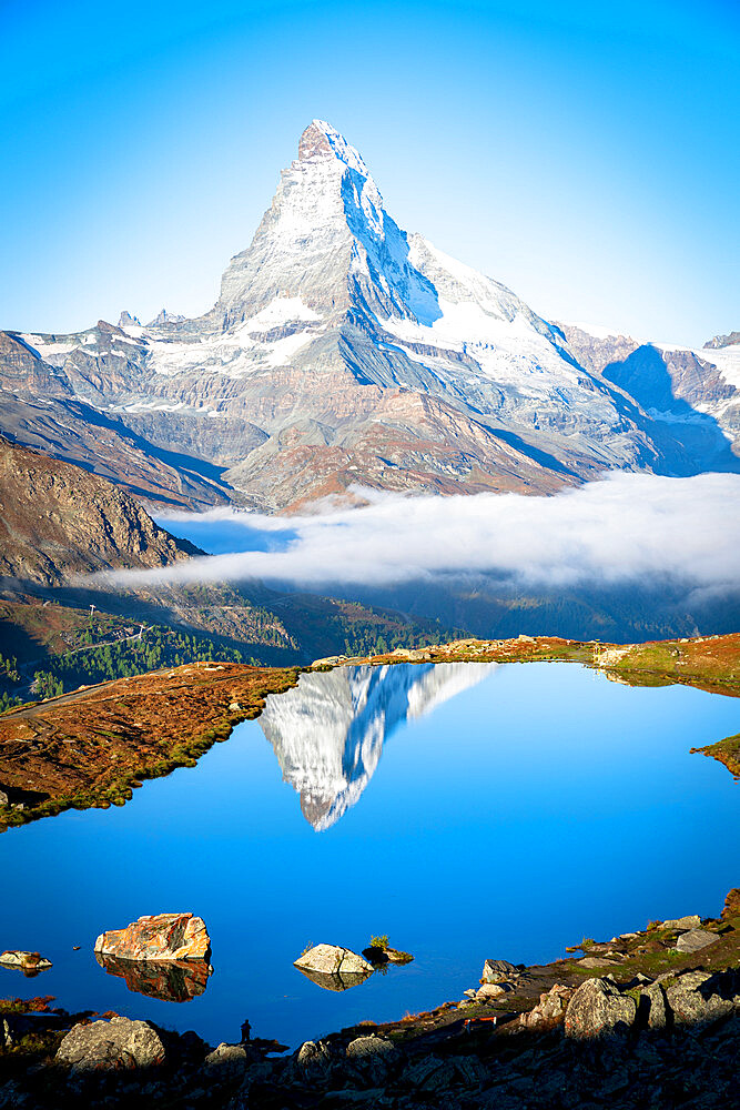 Aerial view of Stellisee lake and Matterhorn at sunrise, Zermatt, Valais Canton, Swiss Alps, Switzerland, Europe