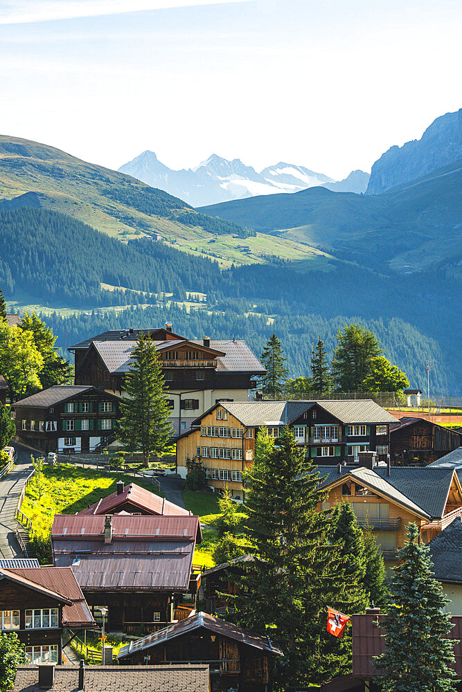 Traditional chalet and houses in the alpine village of Murren in summer, Jungfrau Region, Bern Canton, Swiss Alps, Switzerland, Europe