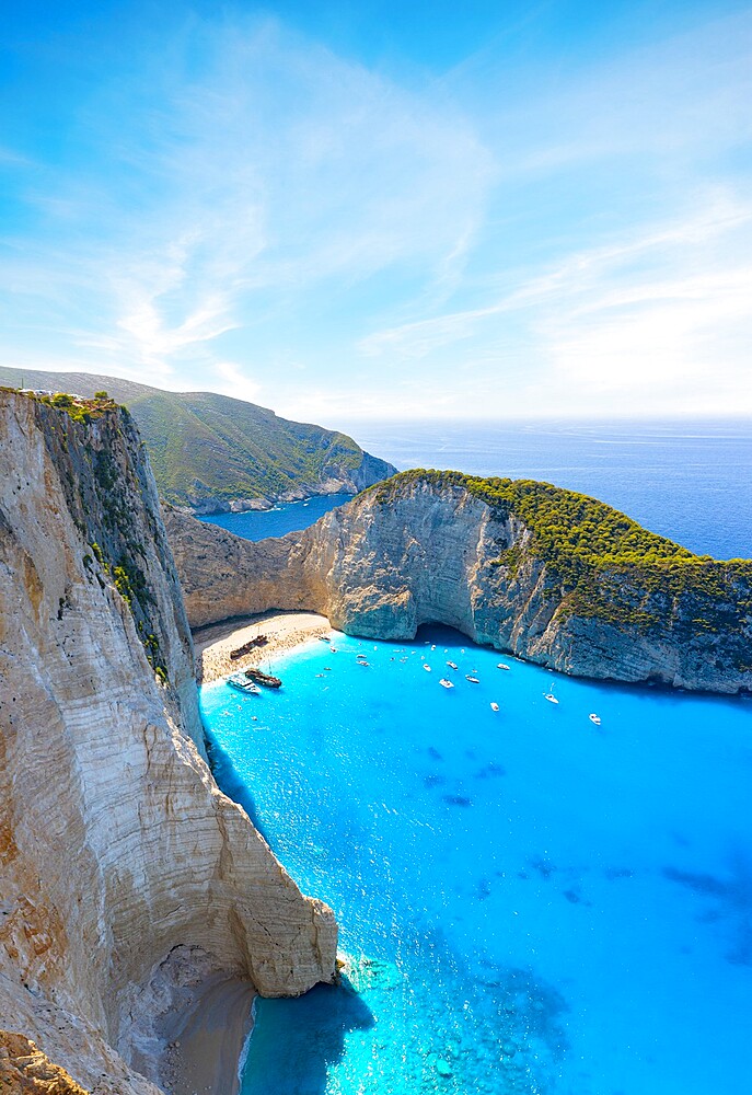 Aerial panoramic view of cliffs surrounding the idyllic Navagio Beach (Shipwreck Beach), Zakynthos island, Greek Islands, Greece, Europe