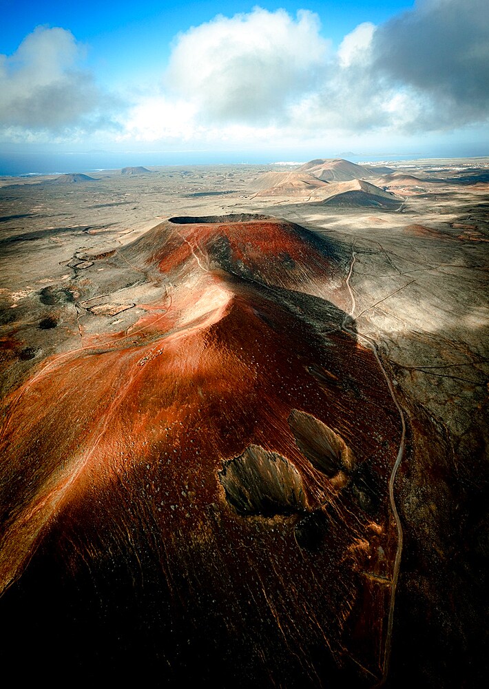 Aerial view of volcanoes at dawn, Corralejo, Fuerteventura, Canary Islands, Spain, Atlantic, Europe