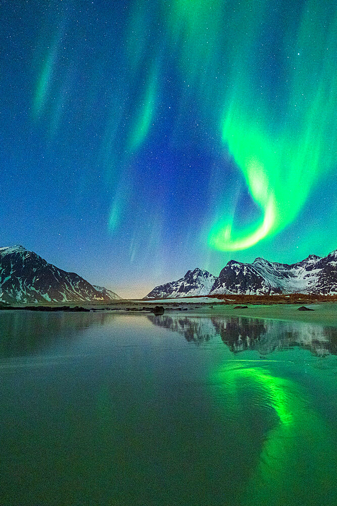 Green lights of Aurora Borealis (Northern Lights) reflected in the cold sea, Skagsanden beach, Flakstad, Lofoten Islands, Norway, Scandinavia, Europe