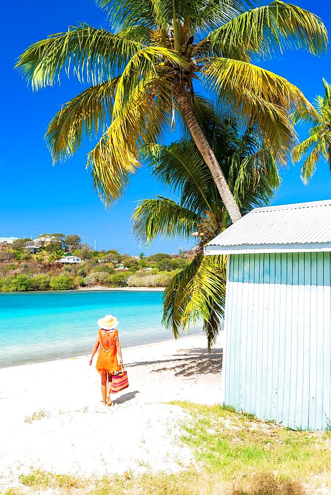 Tourist in orange dress walking on palm fringed beach, Antigua, Leeward Islands, Caribbean, West Indies