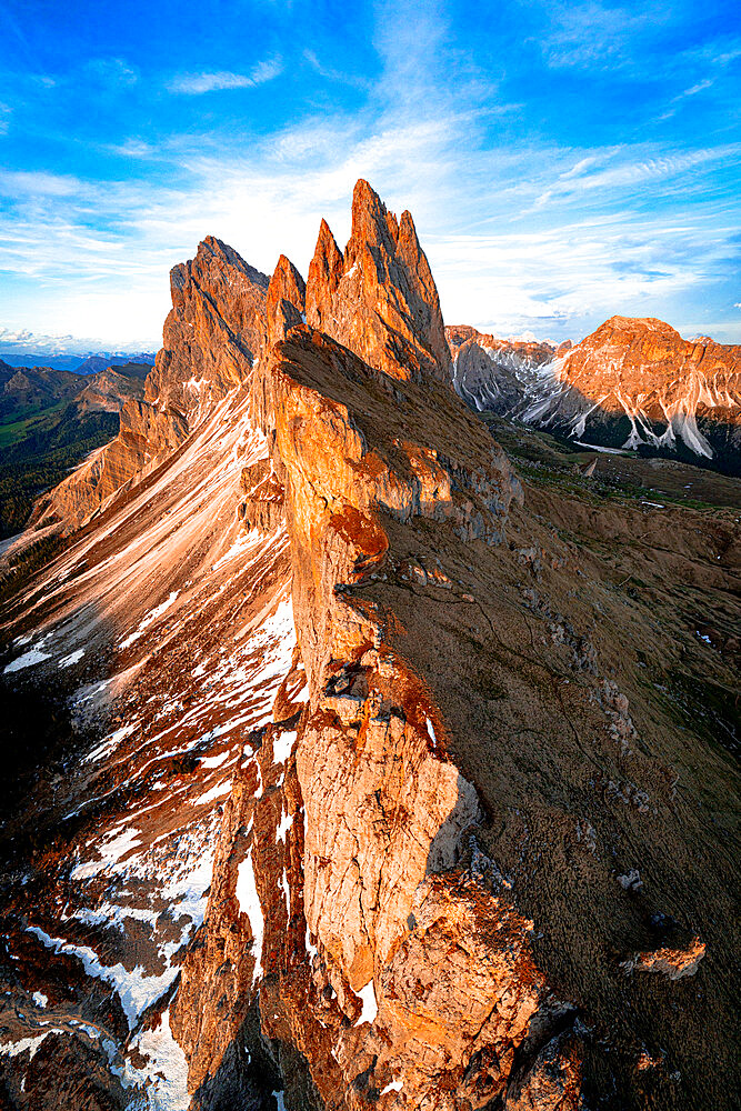 Aerial view of Odle group, Seceda, Furchetta and Sass Rigais at sunset, Dolomites, South Tyrol, Italy, Europe