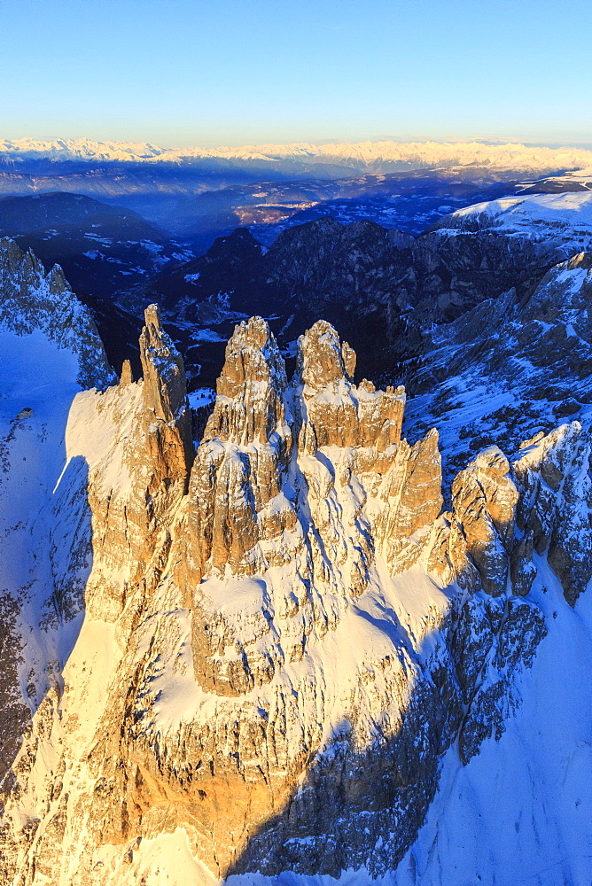 Aerial view of Catinaccio Group and Vajolet Towers at sunset, Sciliar Natural Park, Dolomites, Trentino-Alto Adige, Italy, Europe