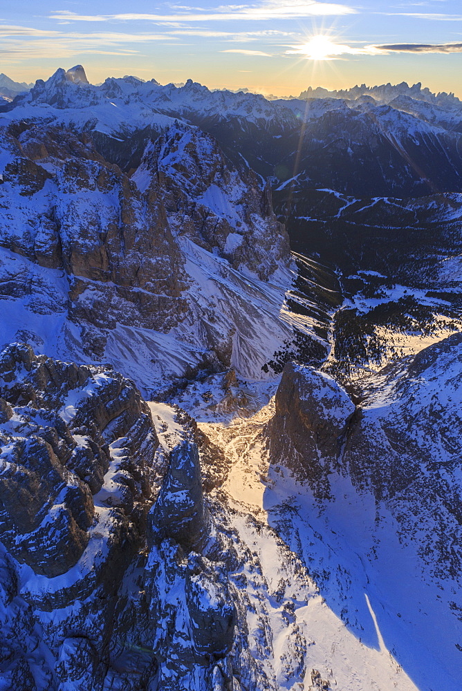 Aerial view of Catinaccio Group at sunset, Sciliar Natural Park, Dolomites, Trentino-Alto Adige, Italy, Europe