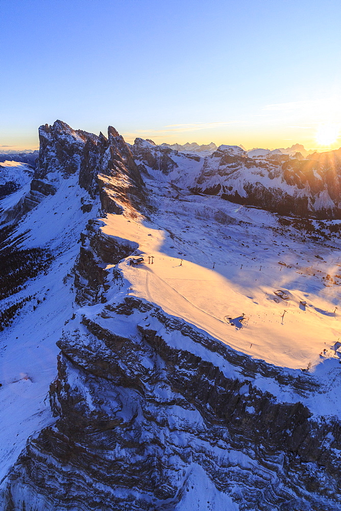 Aerial view of the Odle at sunset, Gardena Valley, Dolomites, Trentino-Alto Adige, Italy, Europe