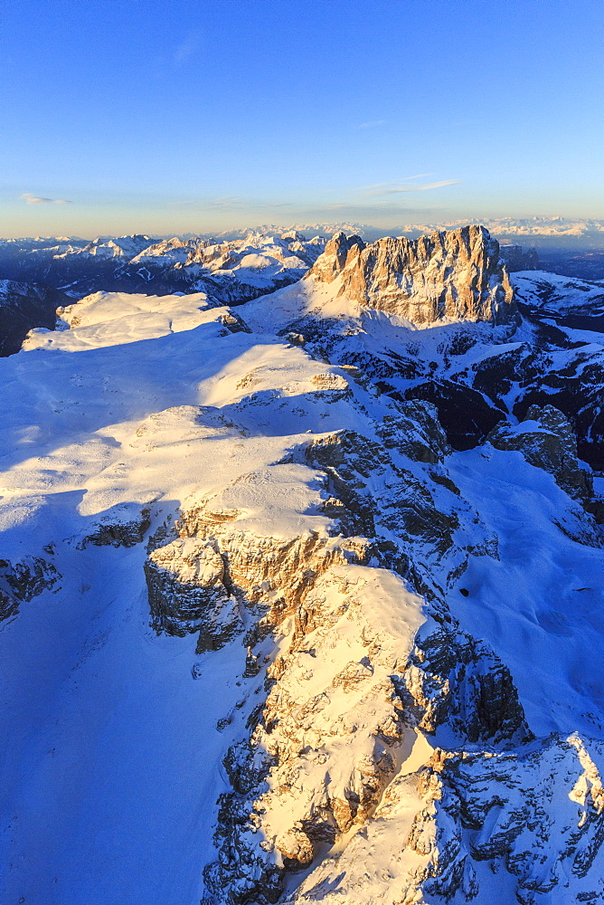 Aerial view of Sassolungo and Grohmann peaks at sunset, Sella Group, Dolomites, Trentino-Alto Adige, Italy, Europe