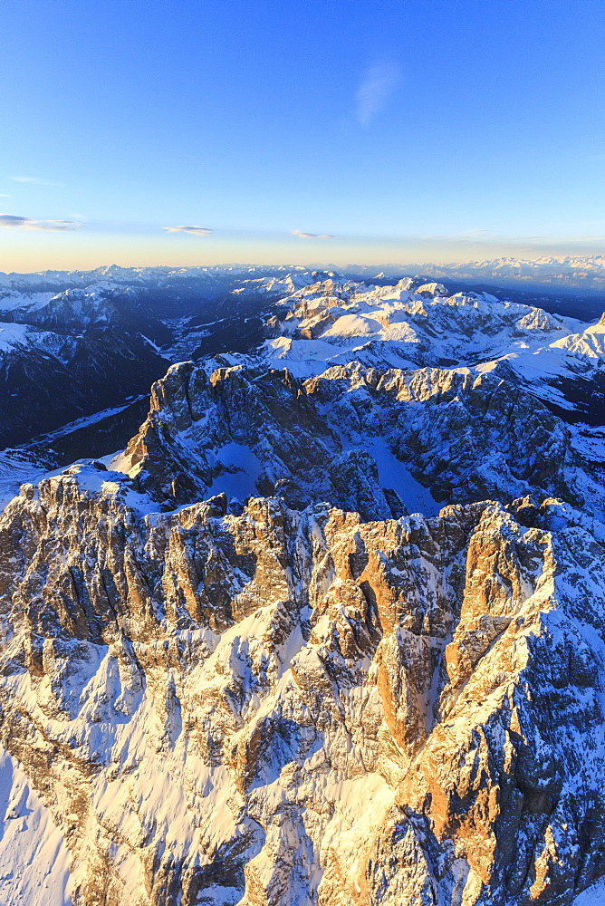 Aerial view of Sassolungo Sassopiatto and Grohmann peaks at sunset, Sella Group, Dolomites, Trentino-Alto Adige, Italy, Europe