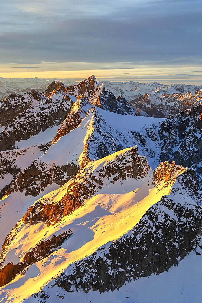 Aerial view of peaks of Ferro and Cengalo at sunset, Masino Valley, Valtellina, Lombardy, Italy, Europe