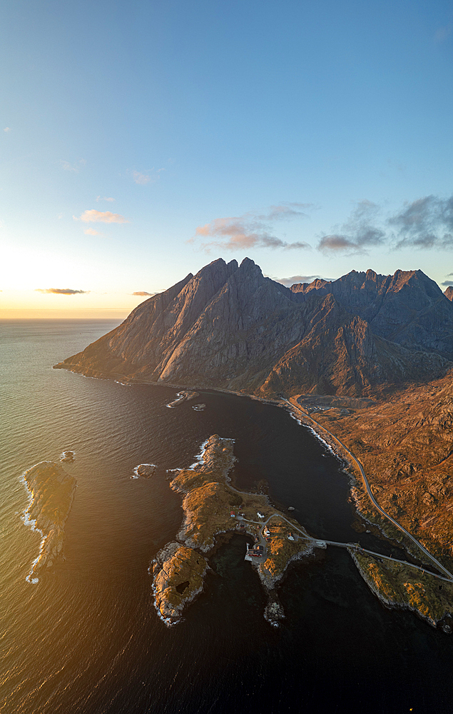 Aerial panoramic view of majestic mountains overlooking the sea at dawn, Moskenesoya, Lofoten Islands, Nordland, Norway, Scandinavia, Europe