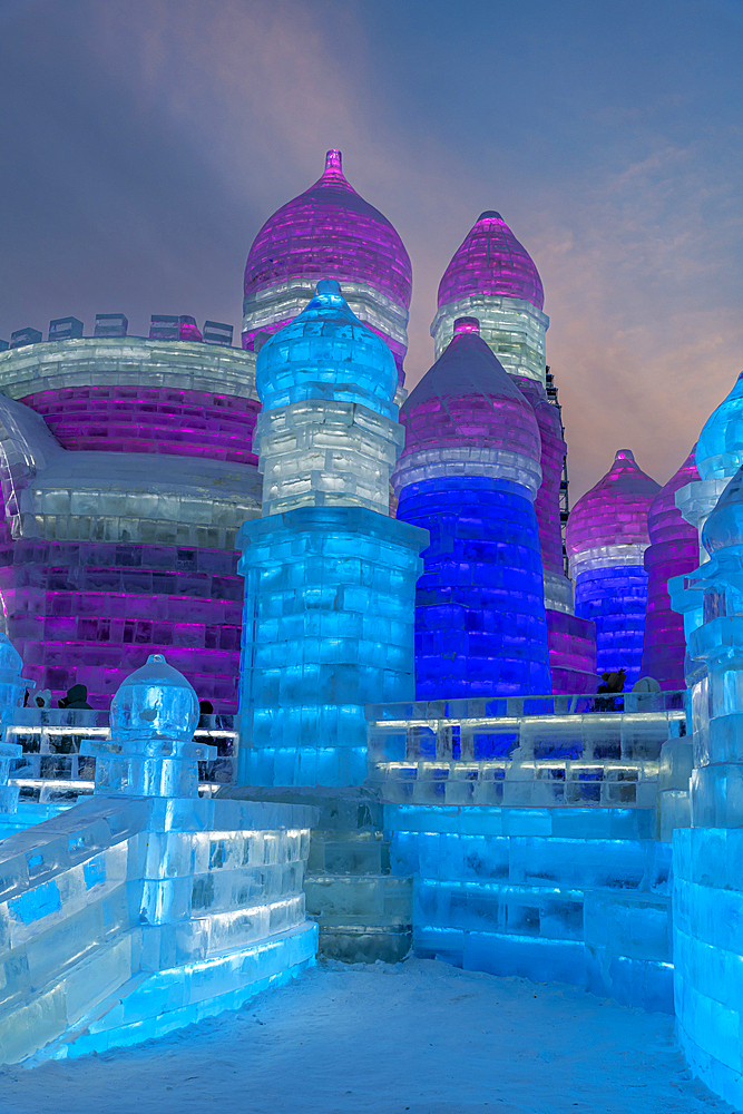 Illuminated buildings made out of ice, Ice International Ice and Snow Sculpture Festival, Harbin, Heilongjiang, China, Asia