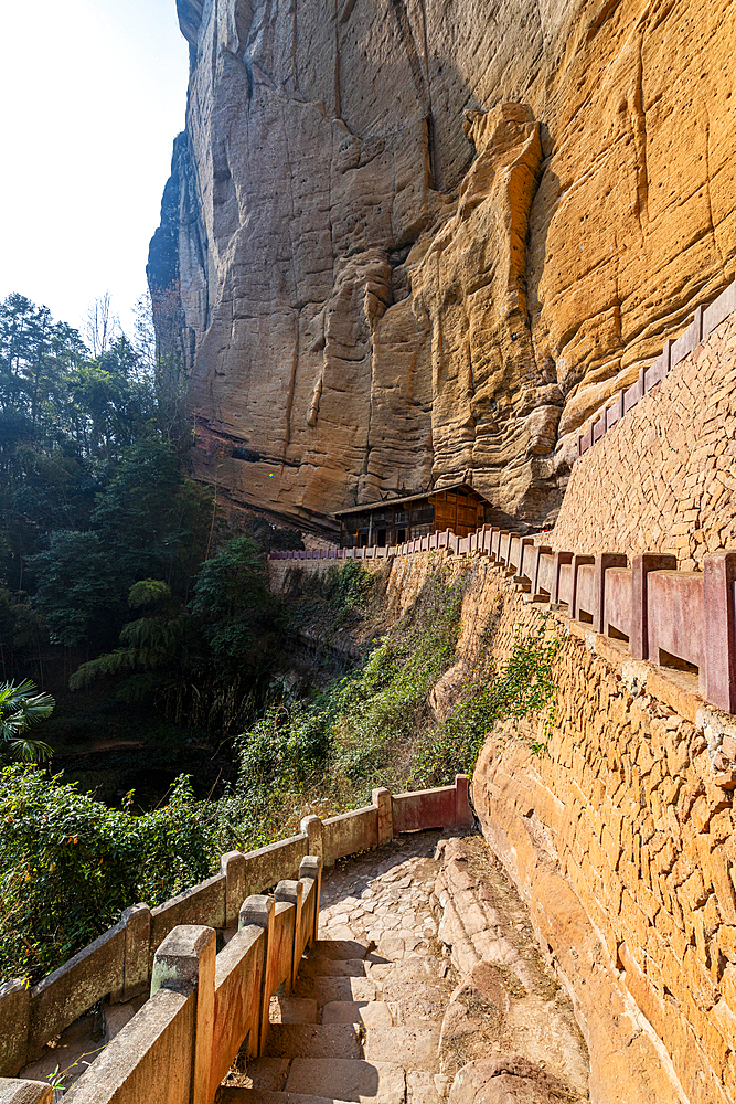 Temple in a giant rock wall, Wuyi Mountains, UNESCO World Heritage Site, Fujian, China, Asia