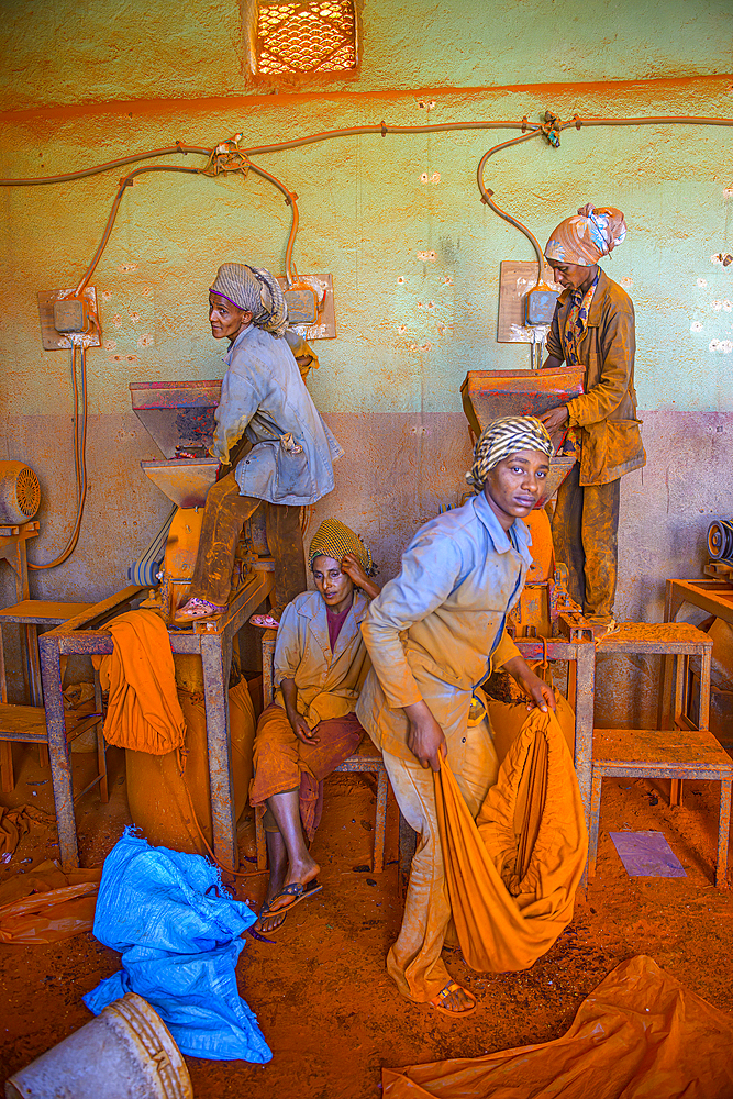 Women working in a Berbere red pepper spice factory at the Medebar market, Asmara, Eritrea, Africa