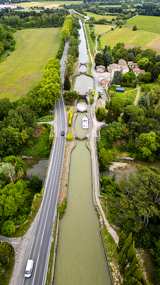 Aerial of the Canal du Midi near Carcassonne, UNESCO World Heritage Site, Aude, Occitania, France, Europe