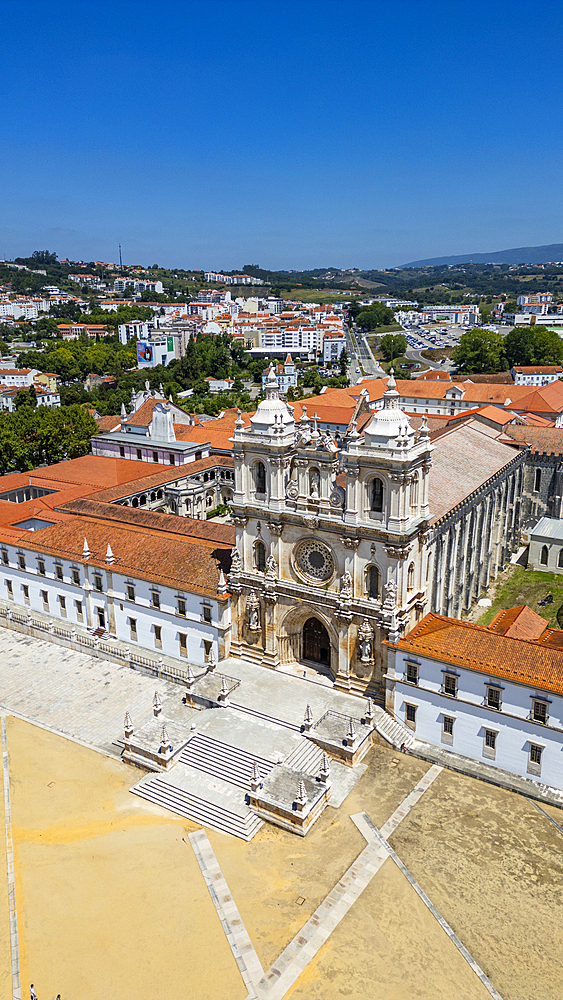 Aerial of the Monastery of Alcobaca, UNESCO World Heritage Site, Alcobaca, Oeste, Portugal, Europe