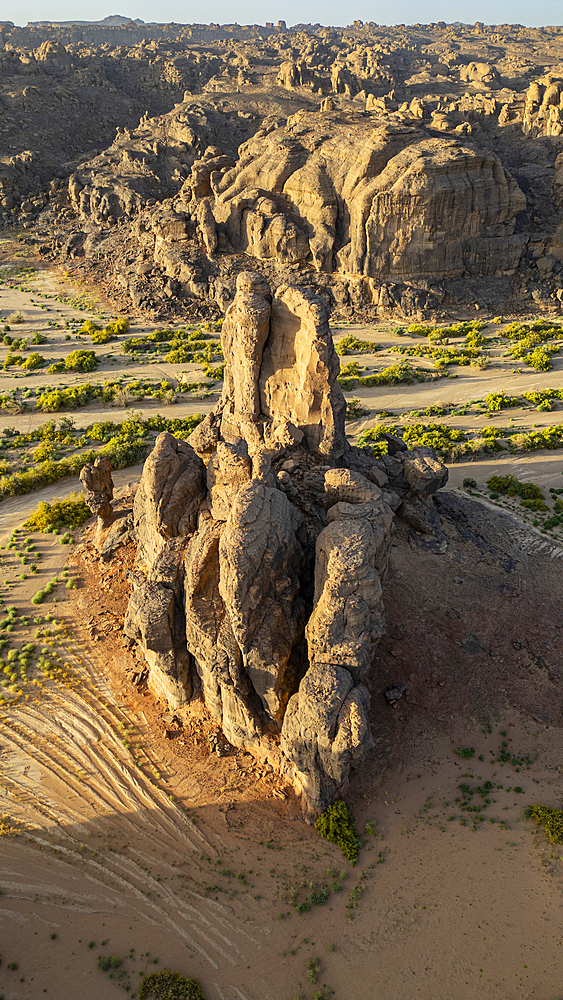 Aerial of beautiful rock formations around Zouar, Tibesti Mountains, Chad, Africa