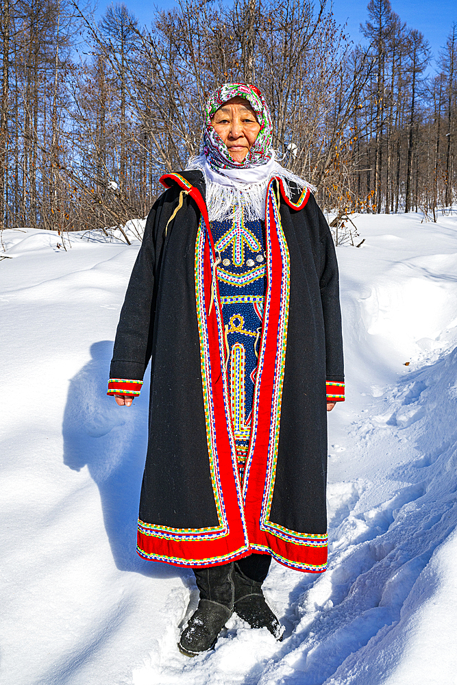 Traditional dressed Evenki woman, Tura, Krasnoyarsk Krai, Evenki state, Russia