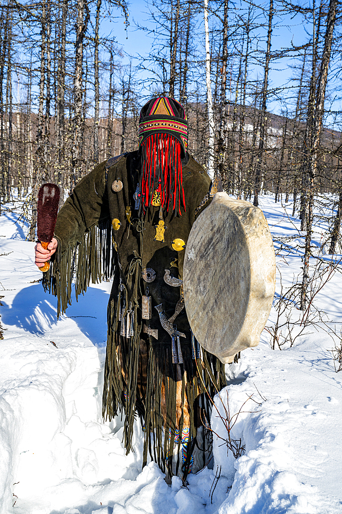 Traditional dressed Shaman, Tura, Krasnoyarsk Krai, Evenki state, Russia